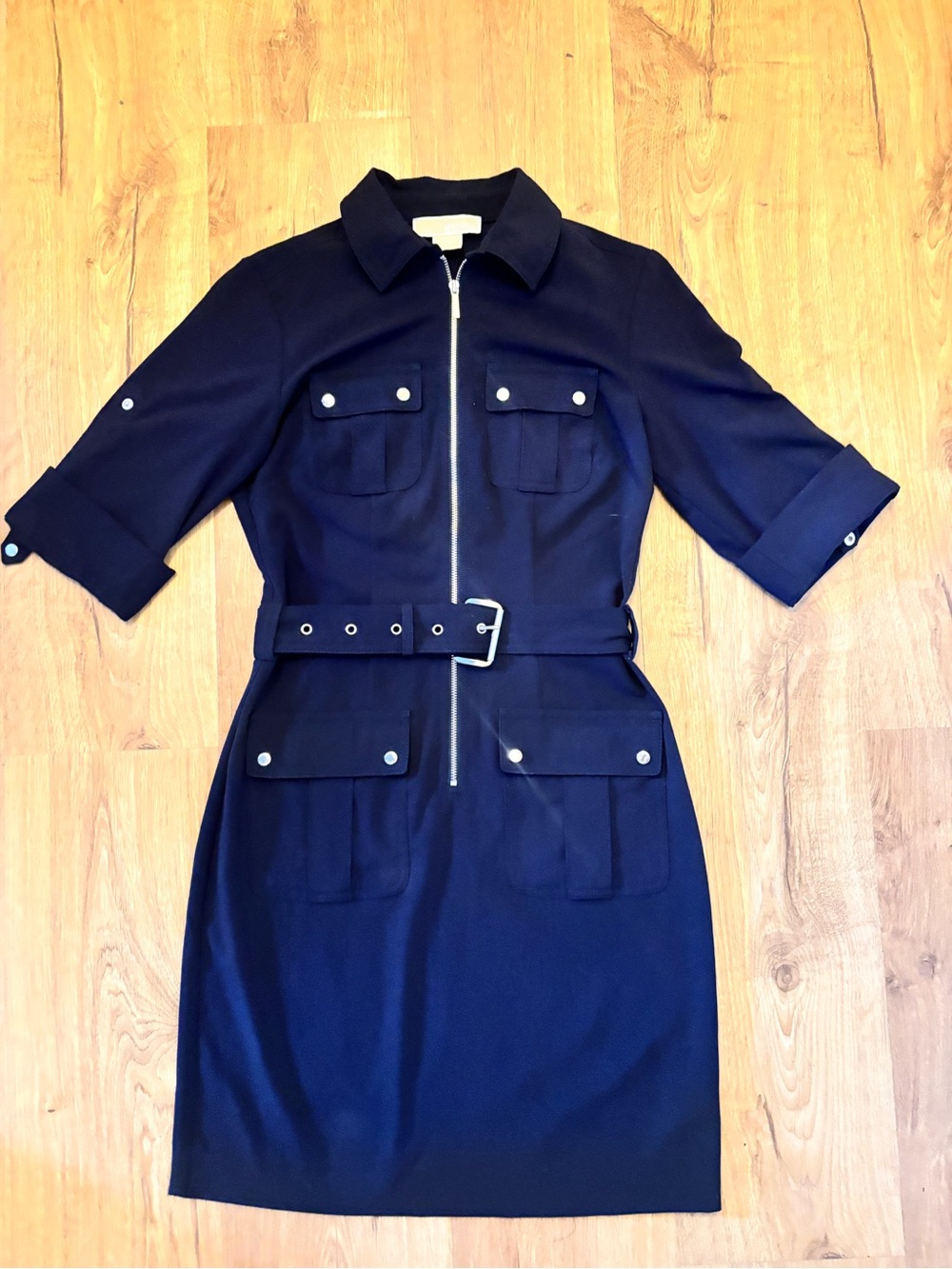 Michael Kors Navy Zip-Front Shirt Dress with Belt